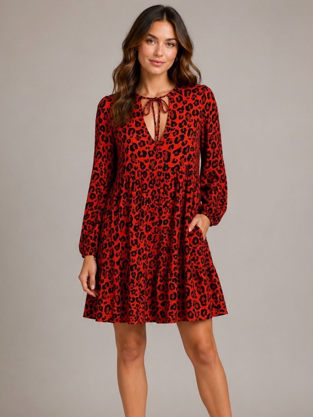 The Drop Gracewood Orange  Black Leopard Print Long Sleeve Tie-Neck Dress Sz XS